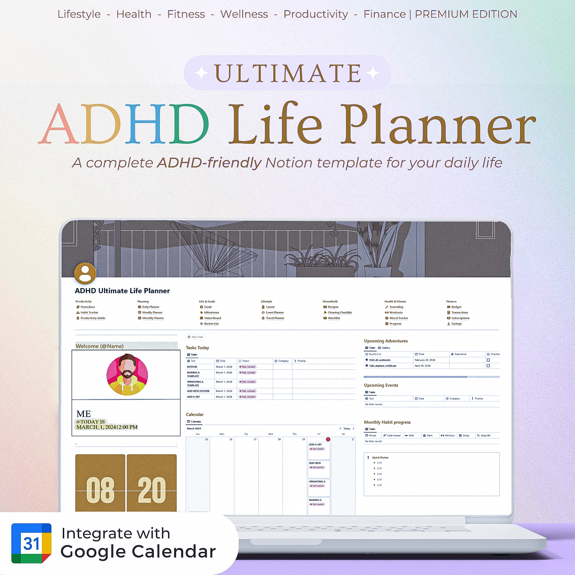 ADHD Notion Life Planner | ADHD friendly Notion Template (NEW DASHBOARD)